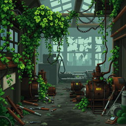A pixel art depiction of a post-apocalyptic factory, characterized by pixelated graphics