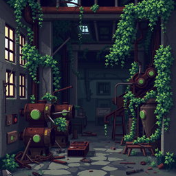 A pixel art depiction of a post-apocalyptic factory, characterized by pixelated graphics