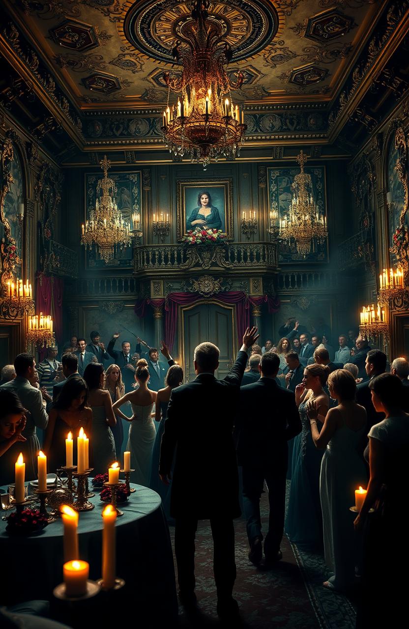 Inside an opulent old mansion adorned with lavish decorations for a grand celebration, a picturesque ballroom filled with elegantly dressed guests suddenly erupts into chaos as a piercing scream echoes through the ornate hall