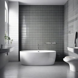 A sophisticated grey bathroom with one wall composed of vertical white glossy bricks.