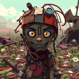 A pixel art character made from scrap materials in a post-apocalyptic setting