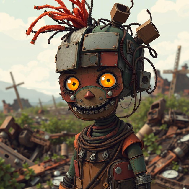 A pixel art character made from scrap materials in a post-apocalyptic setting