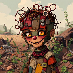 A pixel art character made from scrap materials in a post-apocalyptic setting