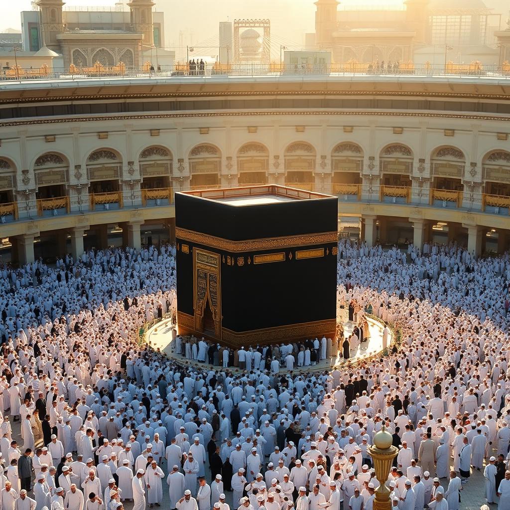 A beautiful and serene view of Kaba in Mecca, surrounded by a sea of pilgrims in elegant white Ihram clothing, the iconic black Kaaba at the center with intricate golden calligraphy, softly illuminated by the golden rays of the morning sun