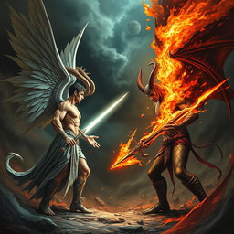 An intense battle scene featuring Lucifer and Satan facing each other, preparing to engage in combat