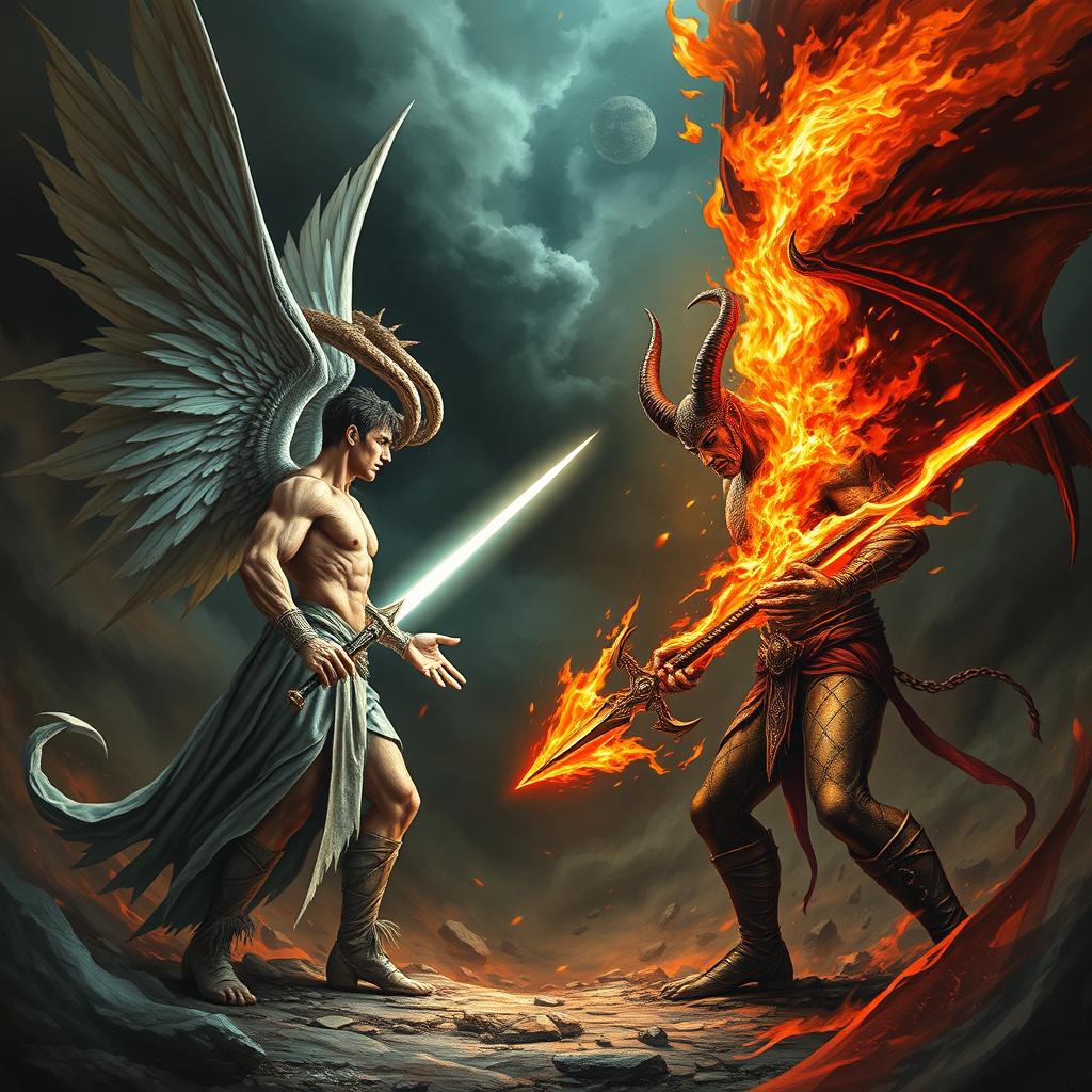 An intense battle scene featuring Lucifer and Satan facing each other, preparing to engage in combat