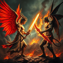 An intense battle scene featuring Lucifer and Satan facing each other, preparing to engage in combat
