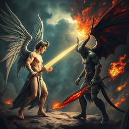 An intense battle scene featuring Lucifer and Satan facing each other, preparing to engage in combat
