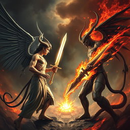 An intense battle scene featuring Lucifer and Satan facing each other, preparing to engage in combat
