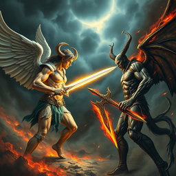 An epic battle scene depicting Lucifer and Satan facing each other, ready to engage in combat
