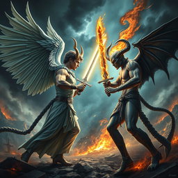 An epic battle scene depicting Lucifer and Satan facing each other, ready to engage in combat