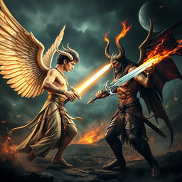 An epic battle scene depicting Lucifer and Satan facing each other, ready to engage in combat