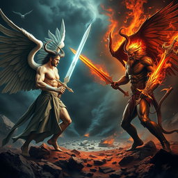 An epic battle scene depicting Lucifer and Satan facing each other, ready to engage in combat