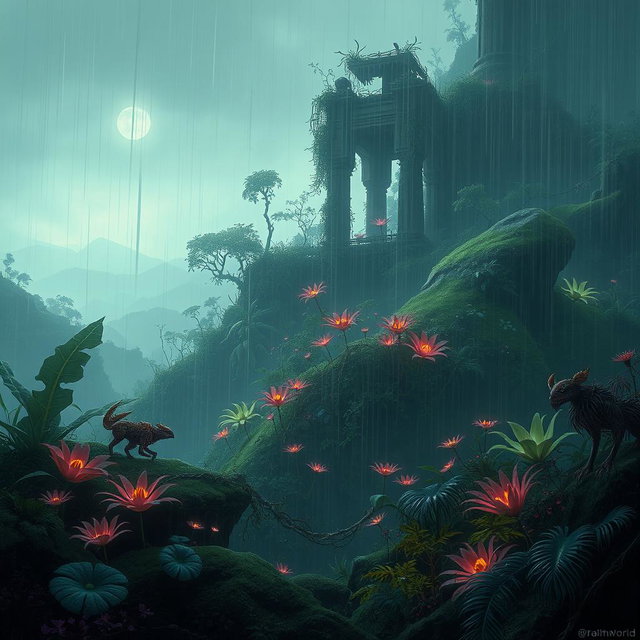 A lush, atmospheric landscape inspired by the game Rain World, showcasing a variety of vibrant, bioluminescent plants and intricate, abandoned ruins