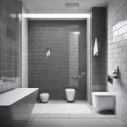 A sophisticated grey bathroom with one wall composed of vertical white glossy bricks.