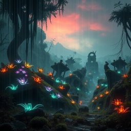 A lush, atmospheric landscape inspired by the game Rain World, showcasing a variety of vibrant, bioluminescent plants and intricate, abandoned ruins