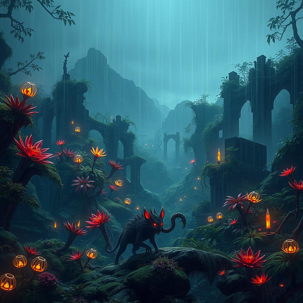 A lush, atmospheric landscape inspired by the game Rain World, showcasing a variety of vibrant, bioluminescent plants and intricate, abandoned ruins