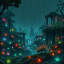 A lush, atmospheric landscape inspired by the game Rain World, showcasing a variety of vibrant, bioluminescent plants and intricate, abandoned ruins