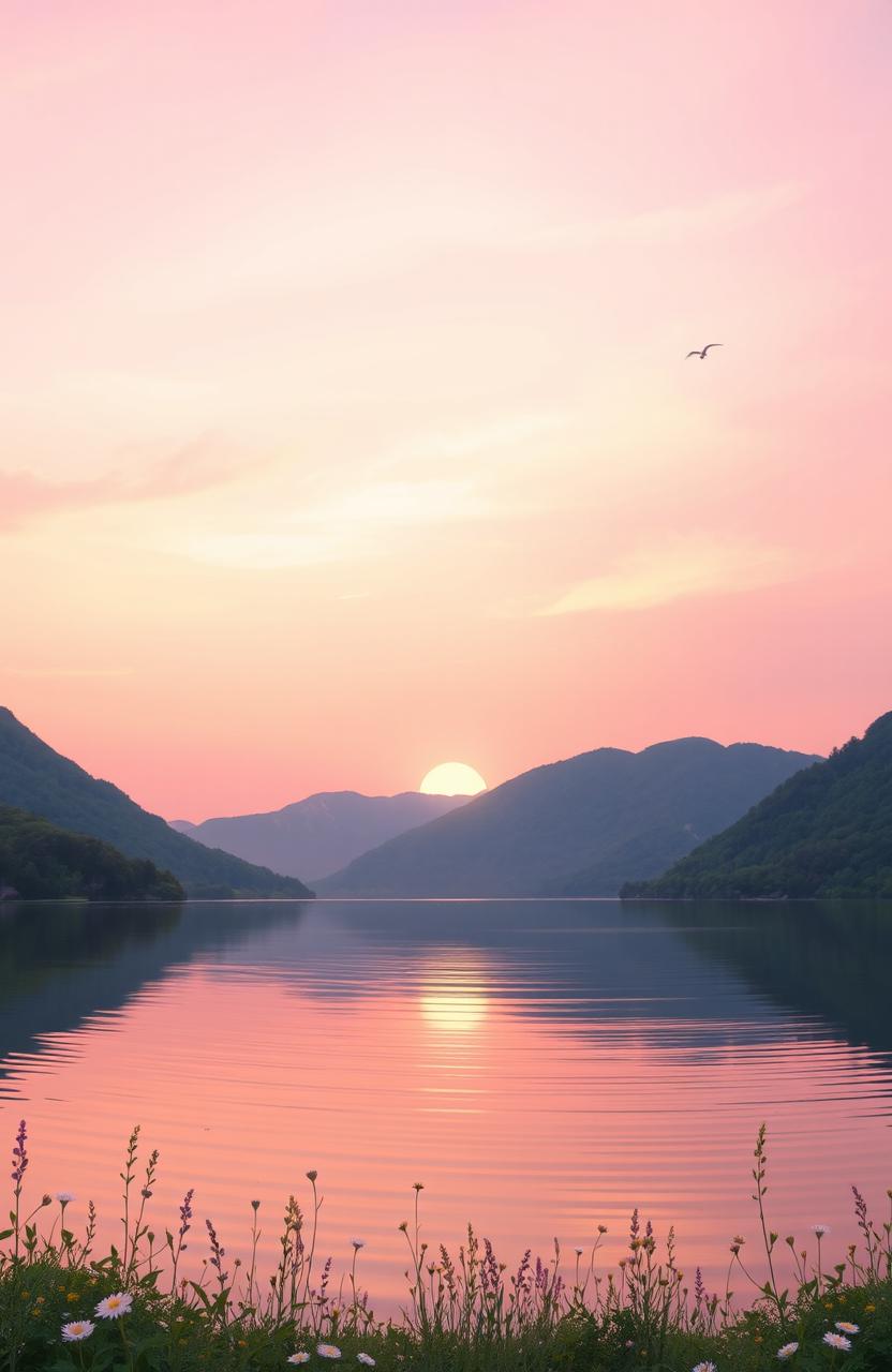A serene landscape depicting a tranquil sunset over a calm lake, surrounded by lush green mountains