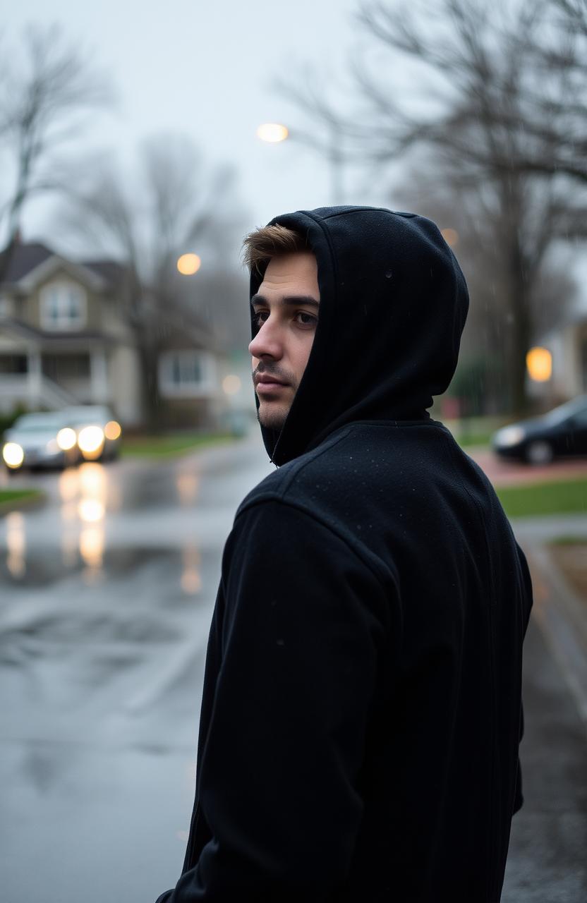 A man wearing a dark hoodie, looking back over his shoulder with a contemplative expression, standing in a suburban city during a rainy day