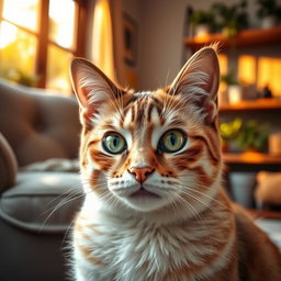 A beautifully detailed cat portrait, showcasing the soft fur texture and vibrant colors of its coat, with captivating green eyes that express curiosity