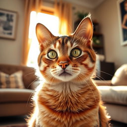 A beautifully detailed cat portrait, showcasing the soft fur texture and vibrant colors of its coat, with captivating green eyes that express curiosity