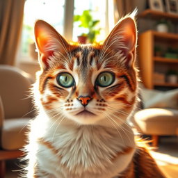 A beautifully detailed cat portrait, showcasing the soft fur texture and vibrant colors of its coat, with captivating green eyes that express curiosity