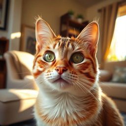 A beautifully detailed cat portrait, showcasing the soft fur texture and vibrant colors of its coat, with captivating green eyes that express curiosity