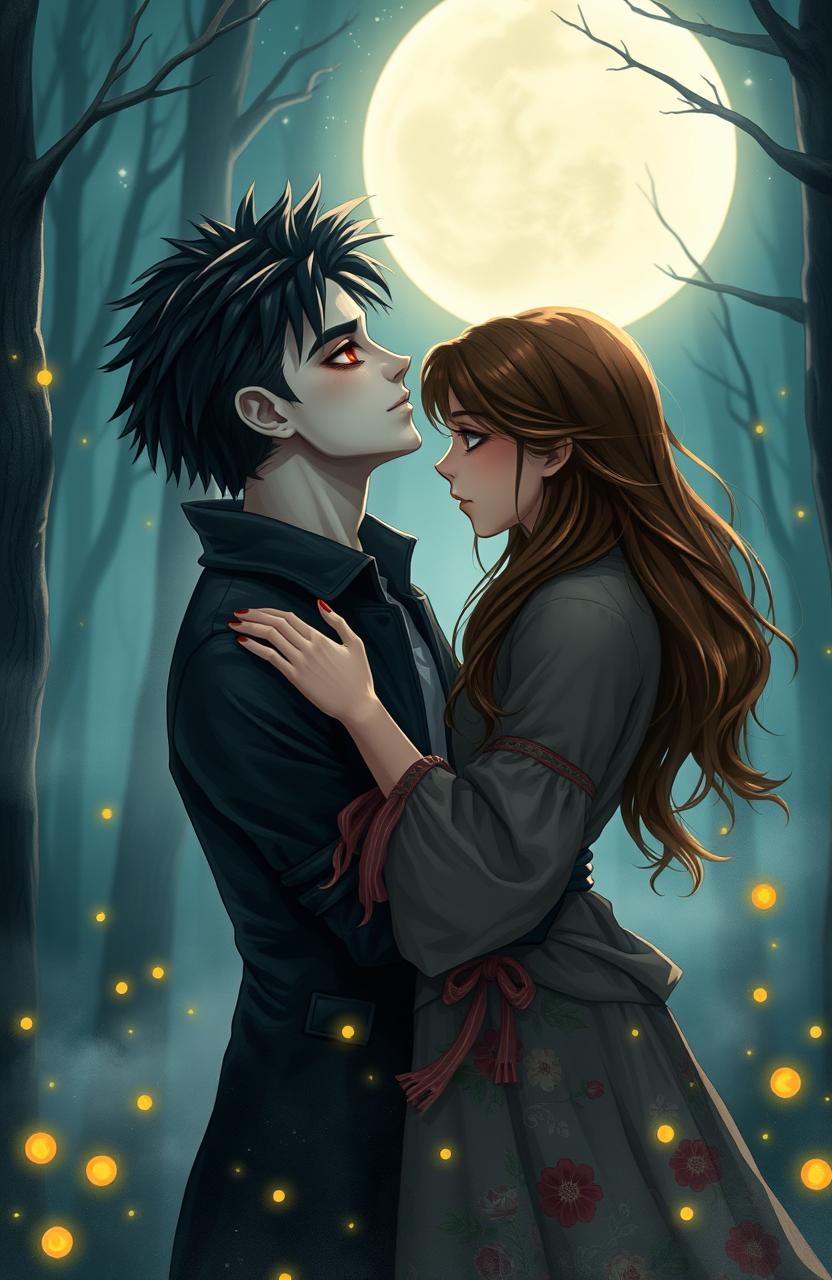 A romantic scene between a vampire boy and a human girl, set in a moonlit forest