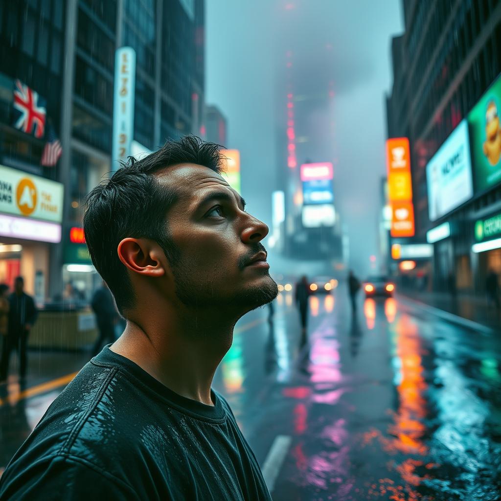 A rainy urban scene depicting a cityscape with glistening wet streets, filled with reflections of colorful neon lights