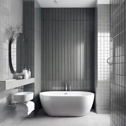 A sophisticated grey bathroom with one wall composed of vertical white glossy bricks.