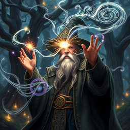 A powerful wizard casting an intricate spell, surrounded by swirling magical energy and glowing arcane symbols