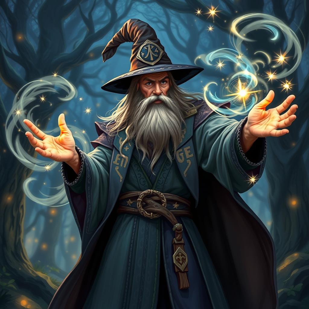 A powerful wizard casting an intricate spell, surrounded by swirling magical energy and glowing arcane symbols