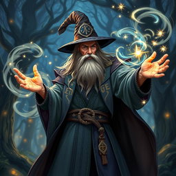 A powerful wizard casting an intricate spell, surrounded by swirling magical energy and glowing arcane symbols