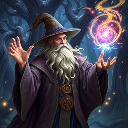 A powerful wizard casting an intricate spell, surrounded by swirling magical energy and glowing arcane symbols