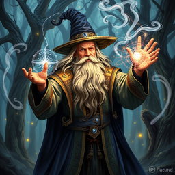 A powerful wizard casting an intricate spell, surrounded by swirling magical energy and glowing arcane symbols
