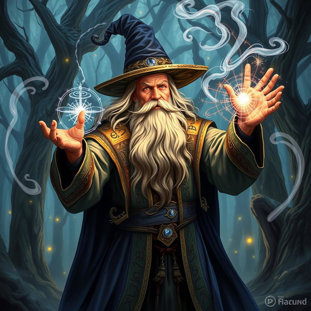 A powerful wizard casting an intricate spell, surrounded by swirling magical energy and glowing arcane symbols