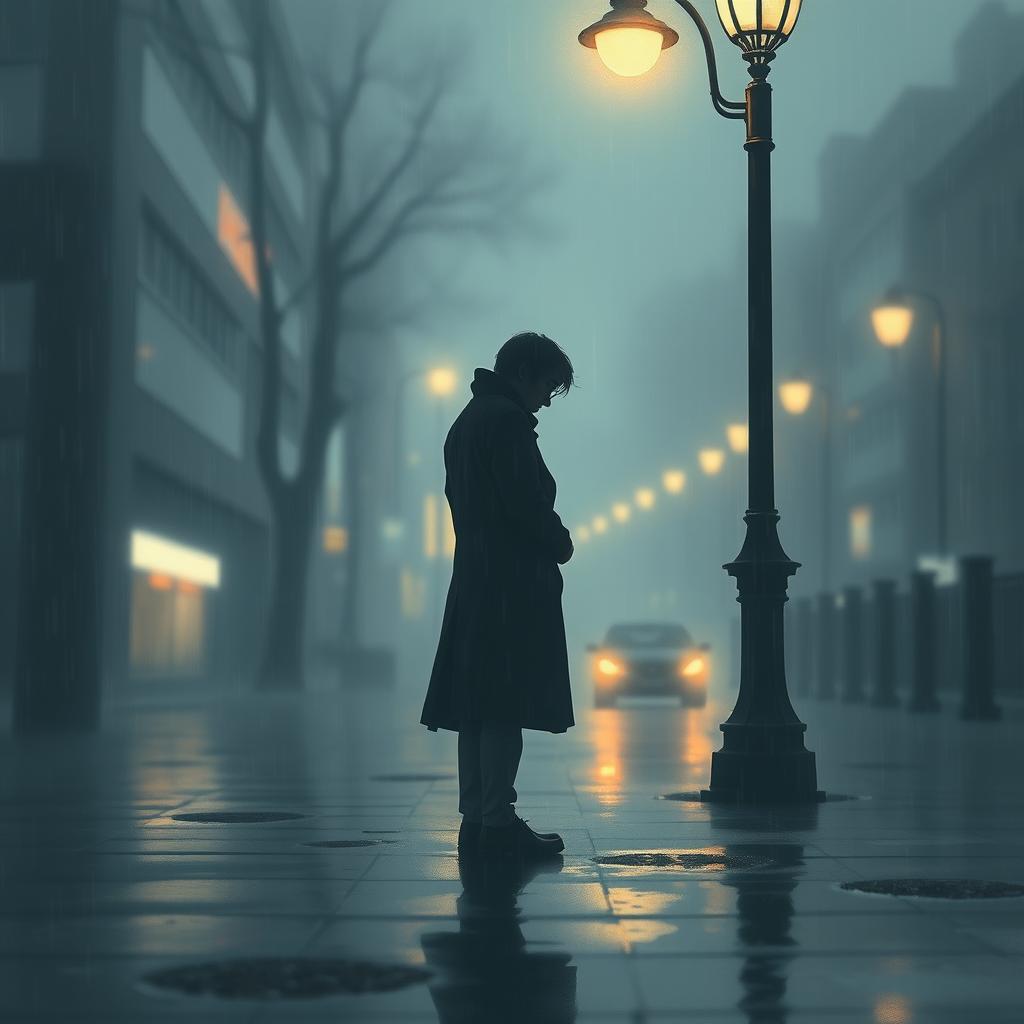 A solitary figure standing under a street lamp in the rain, surrounded by a blurred, melancholic urban landscape