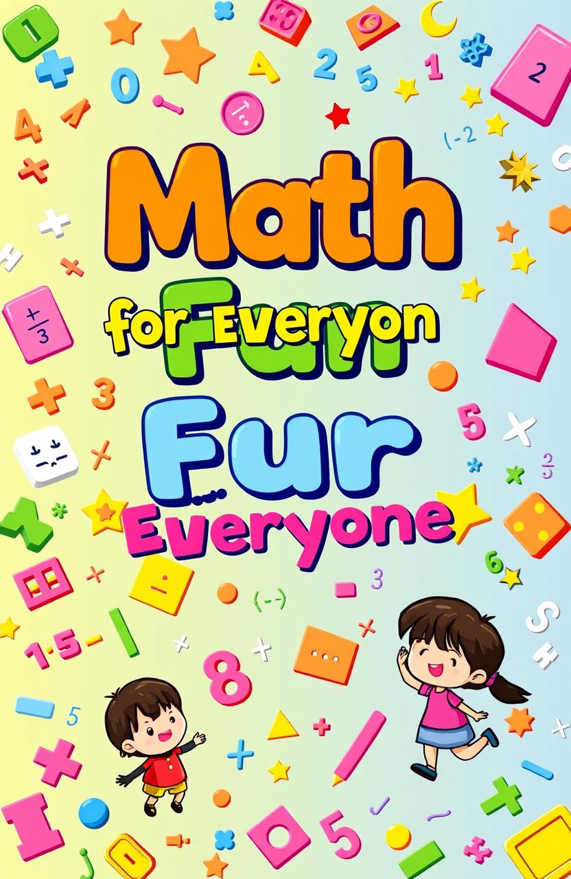 An engaging and colorful cover design for a mathematics activity book, featuring playful illustrations of numbers, geometric shapes, and math symbols like addition, subtraction, multiplication, and division signs