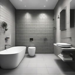 A chic cement-grey bathroom featuring one wall adorned with vertical white glossy bricks.