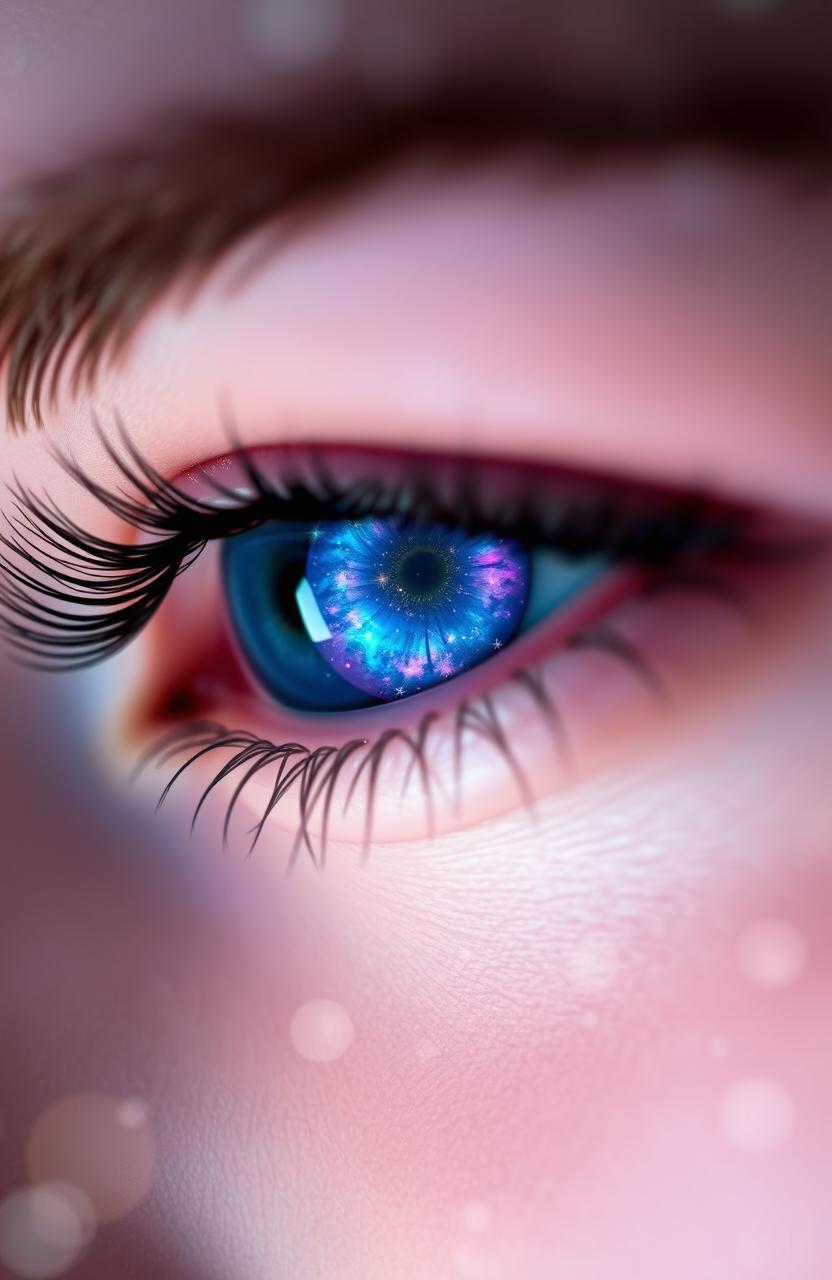 A close-up of beautiful, striking eyes that reflect a galaxy of colors, with vibrant blues and purples swirling around