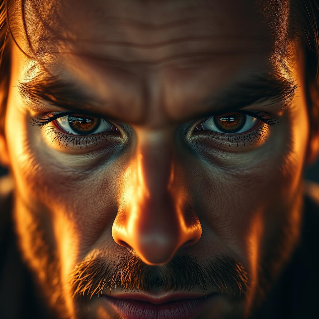 A close-up of a man's striking, intense eyes that convey depth and emotion, showcasing rich tones of deep brown and hints of amber within the iris