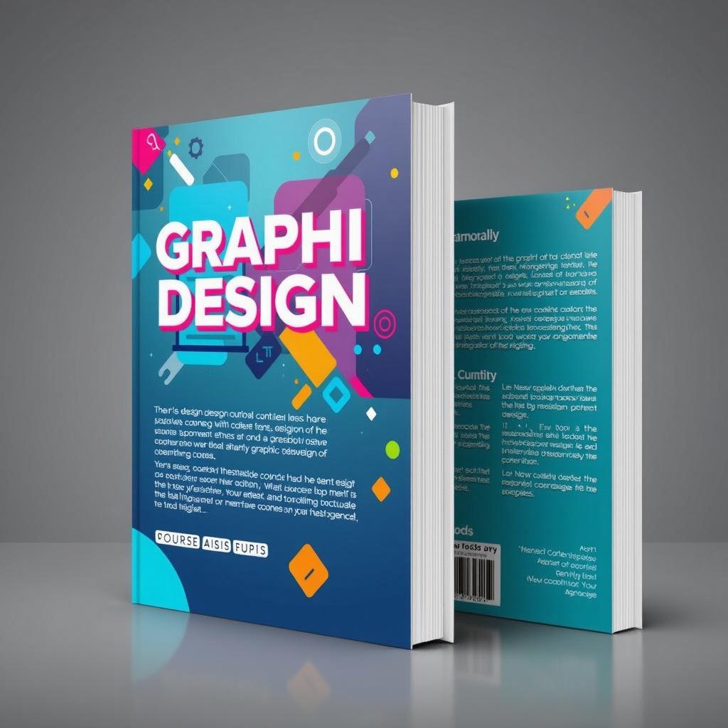 A 3D book cover design featuring vibrant colors and geometric shapes, titled "Graphic Design" in bold, modern typography