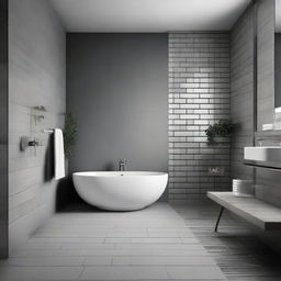 A chic cement-grey bathroom featuring one wall adorned with vertical white glossy bricks.