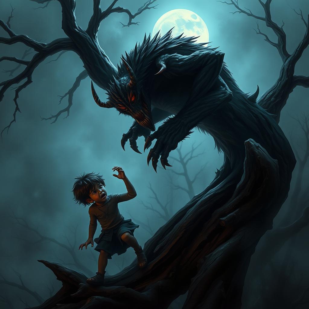 A dark and eerie scene depicting a menacing demon perched on a twisted tree, with sharp claws and glowing eyes, bending down to scoop up a frightened boy from the ground