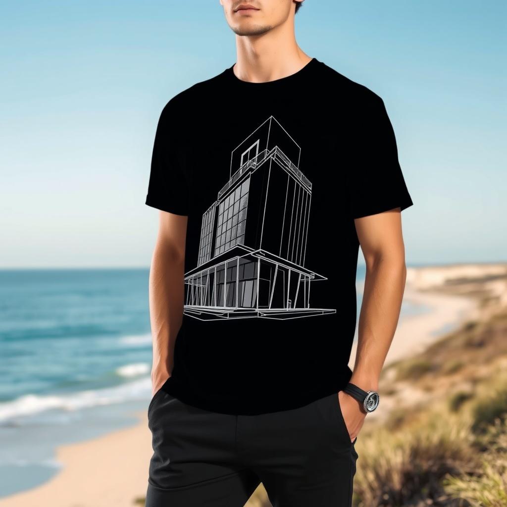 An elegant architectural drawing printed on a black t-shirt, showcasing intricate details of a modern building design with sharp lines and fluid shapes
