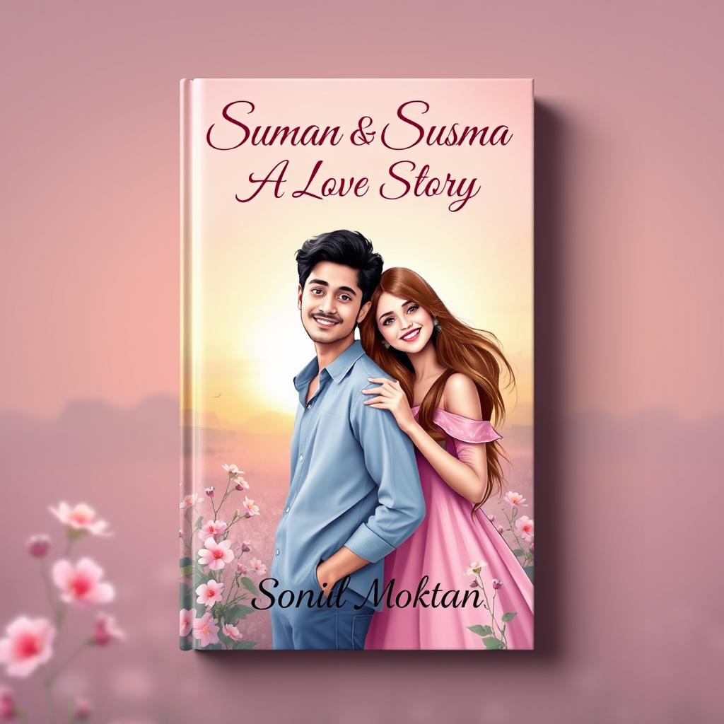 A romantic book cover depicting the love story of Suman and Susma, designed with a dreamy and whimsical style