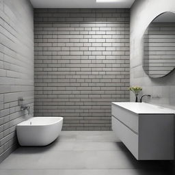 A chic cement-grey bathroom featuring one wall adorned with vertical white glossy bricks.