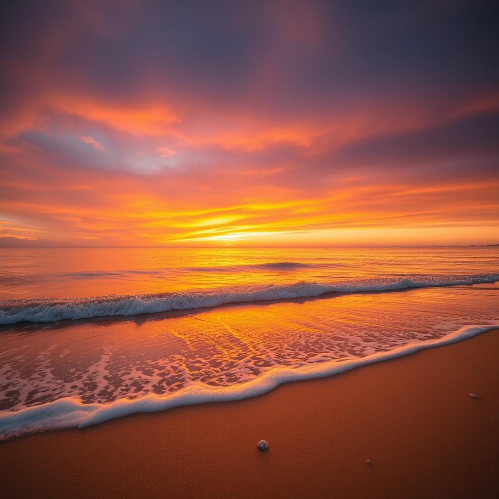 A stunning landscape featuring a serene beach at sunset