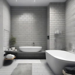 A chic cement-grey bathroom featuring one wall adorned with vertical white glossy bricks.